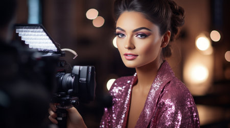 Young female influencer recording a candid video for social media, capturing her lifestyle and setting the latest trends, content creatorの素材