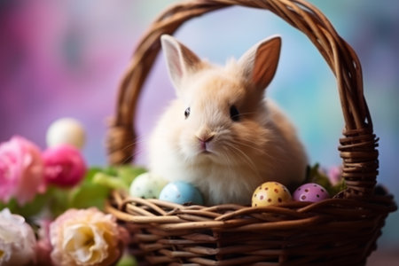 Easter bunny and easter eggs on pastel background rabbit in basket with easter eggs.の素材