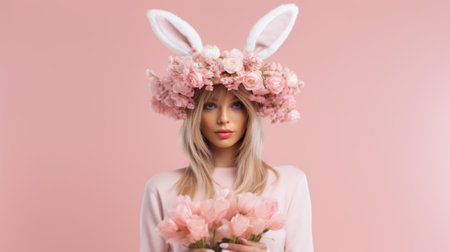 Portrait of young woman wearing bunny ears holding easter eggs and flowersの素材