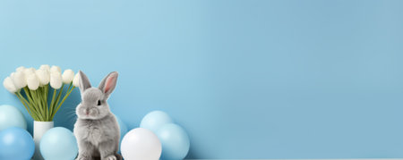 Adorable Easter Bunny Among Pastel Eggs and Spring Flowers.の素材