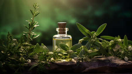 An assortment of essential oil bottles with fresh plants from which they're derived, like lavender, peppermint, and rosemary, arranged on a wooden surfaceの素材