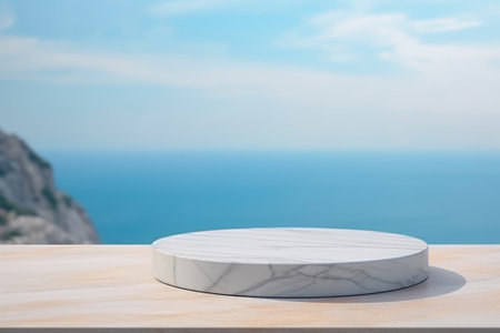 White marble stone podium product display with sea landscape as background.の素材