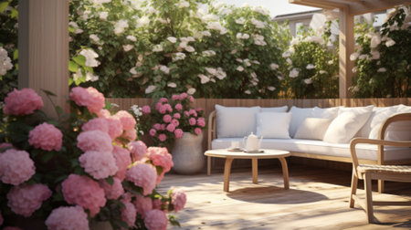 Beautiful wooden terrace with garden furniture surrounded by greenery and flowers on a warm, summer dayの素材
