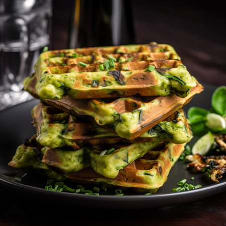 Zucchini waffle, zucchini fritters cooking on waffle maker, vegetarian zucchini pancakesの素材