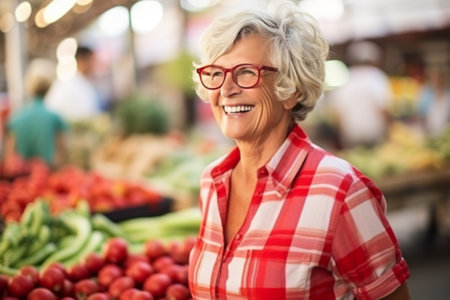 Portrait of smiling senior woman buying fruits and vegetables at local farmers market.の素材