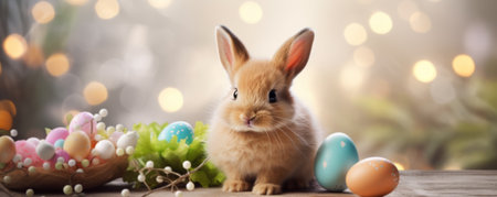 Adorable Easter Bunny Among Pastel Eggs and Spring Flowers.の素材