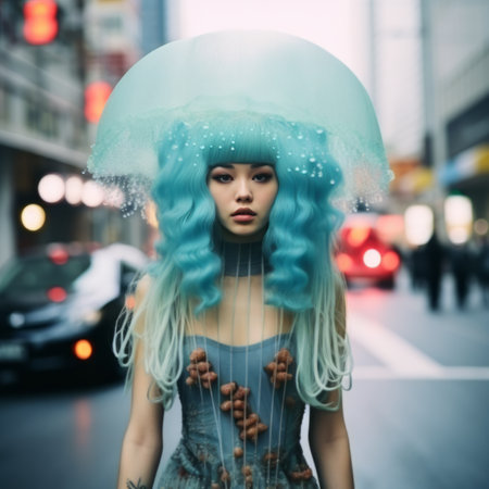 Beautiful Japanese Lady with jellyfish on hair, standing on street,  jellyfish costume, fashionの素材