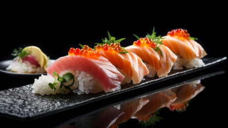 Side view of portion of Japanese sushi roll with caviar, avocado and salmon on top served on wooden board. Dish on black background. Ready advertising bannerの素材