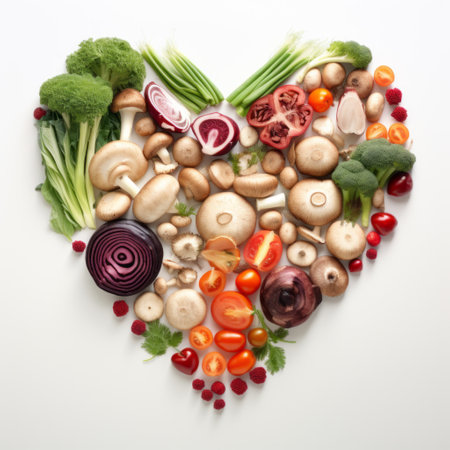 a heart shaped plate filled with a colorful assortment of fresh fruits and vegetables perfect for promoting healthy eating habits and a balanced dietの素材