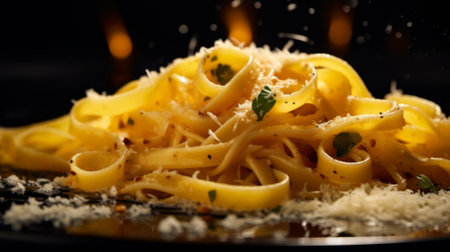 Italian pasta with white sauce basil and parmesan cheese in dark plateの素材