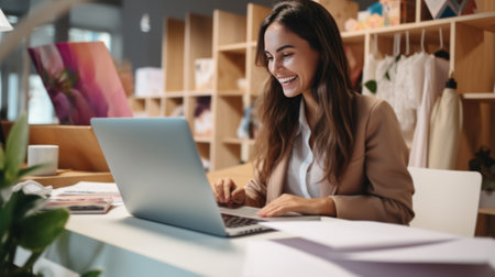 Image of young beautiful joyful woman smiling while working with laptopの素材