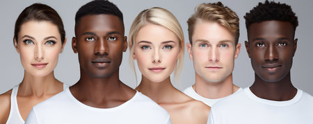 Portraits of five diverse individuals with neutral expressions against a grey backdrop. Collageの素材