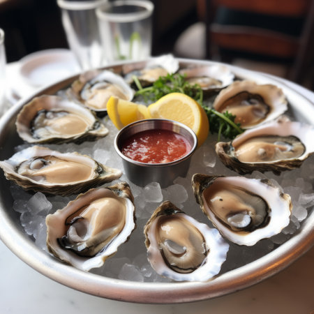 Fresh oysters with lemon on a round plate. Oyster season. Macro-seafood dish. Oyster on the half shellの素材