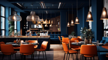 Interior of cozy restaurant. Contemporary design in loft style, modern dining place and bar counter, copy spaceの素材