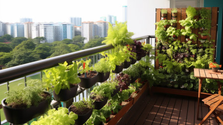 Vertical garden on a high-rise apartment balcony, filled with a variety of wildflowers and green foliage, creating a lush oasis amidst the urban environmentの素材