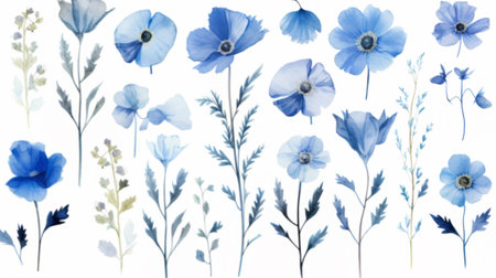 Dry pressed wild flowers isolated on white background, blue and whiteの素材