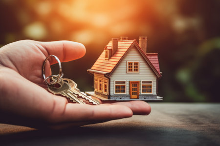 A hand presents keys beside a tiny house model at sunset.の素材