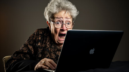 Shocked and surprised elderly woman on the internet with laptop computerの素材