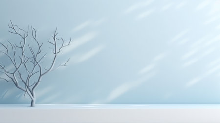 Blue wall and abstract plant. Minimal abstract background for product presentation. Spring and winterの素材