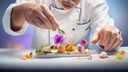 A senior chef focuses on garnishing an array of exquisite desserts.の素材