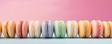 Dessert cake macaron or macaroon on pink background bannerの素材