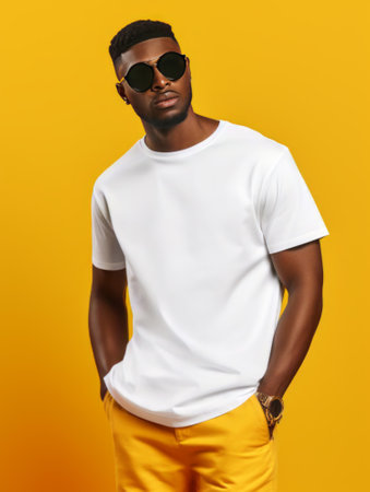 Attractive African American man wearing blank white t-shirt on yellow background. Mockup for tshirt print designの素材