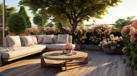 Beautiful wooden terrace with garden furniture surrounded by greenery and flowers on a warm, summer dayの素材