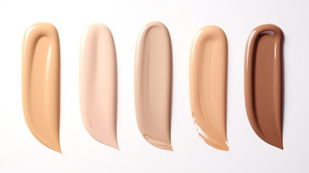 Different shades of liquid skin foundation on white background, top view. Set with samples of makeup productの素材