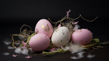 Easter eggs on dark background, Easter celebration concept.の素材