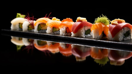 Side view of portion of Japanese sushi roll with caviar, avocado and salmon on top served on wooden board. Dish on black background. Ready advertising bannerの素材