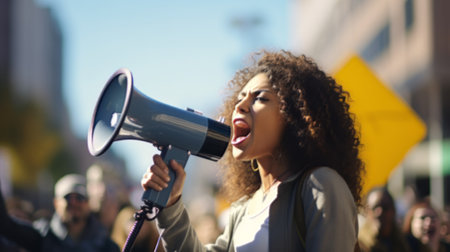 Megaphone, woman and people for gender equality, human rights or justice with freedom of speech in city street. Vote, protest and girl in crowd with voice for politics, angry broadcast or newsの素材