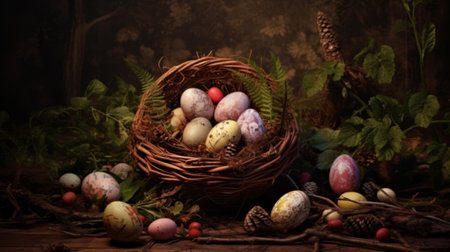 easter eggs on the nest on a dark background, artistic vintage Easter conceptの素材