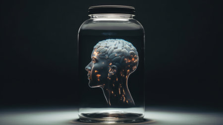 Brain inside of glass jar, lighting brain and brainstorming conceptの素材