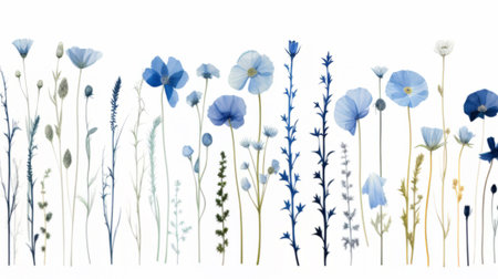 Dry pressed wild flowers isolated on white background, blue and whiteの素材