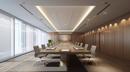 A sleek, contemporary boardroom with glass walls and wood panelingの素材