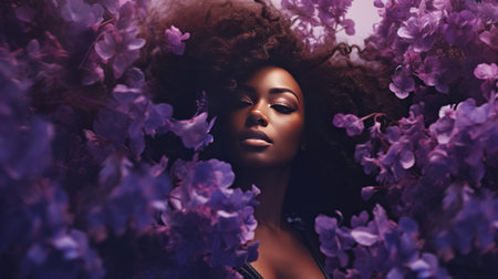 Abstract artistic portrait of Afro American woman with purple flowers over her head bannerの素材