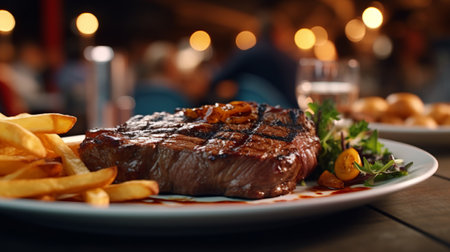Grilled steak with french fries in a restaurantの素材