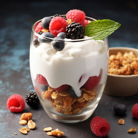 Healthy breakfast of strawberry parfaits made with fresh fruit, yogurt and granola over a rustic white table. Shallow depth of field with selective focus on glass jar in front. Blurred background.の素材