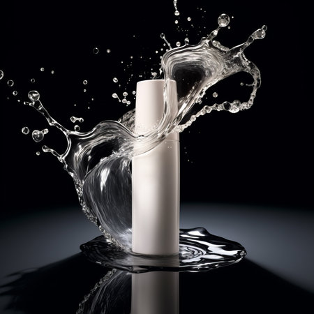 Beauty product bottle mockup, cosmetic container in liquid splash, skincare product packaging front view commercial template, black backgroundの素材