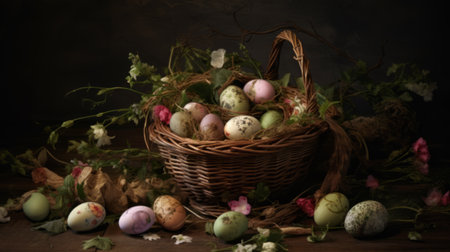 easter eggs on the nest on a dark background, artistic vintage Easter conceptの素材