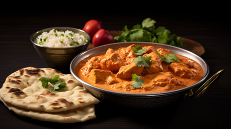 Chicken tikka masala spicy curry meat food with rice and naan bread flat layの素材