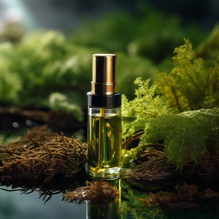 Cosmetic bottle mockup on natural green outdoors botanical background with plants, flowers and wooden elements, beauty product container commercial branding ready templateの素材