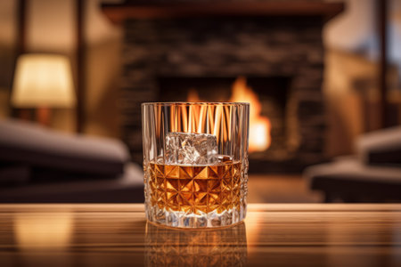 whiskey with ice on the background of the fireplace. Cozy relaxed atmosphere by the fireの素材