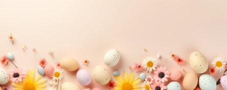 Easter eggs and spring flowers, top view bannerの素材