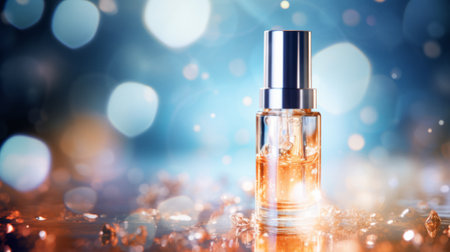 Luxury perfume, cosmetic premium glass bottle. Banner, poster for beauty promotion of elegant product for ads surrounded by golden sparkle glittering light and bokeh background.の素材