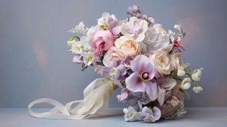 Bridal arrangement. Wedding flowers close-up. Decoration of roses, flowers and ornamental plants, close-up, selective focus, nobody, objects. luxury bouquet of pastel color flowersの素材