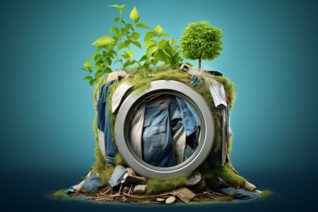 An imaginative concept of a washing machine integrated with green plants.の素材