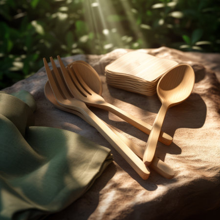 Bamboo cutlery set on striped napkin and green background.の素材