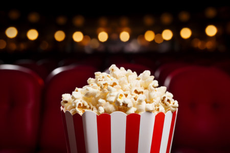 Close up a popcorn in paper stripped bucket on red soft armchair on blurred cinema hallの素材