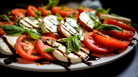 Italian caprese salad with sliced tomatoes, mozzarella cheese, basil, olive oil. Close upの素材
